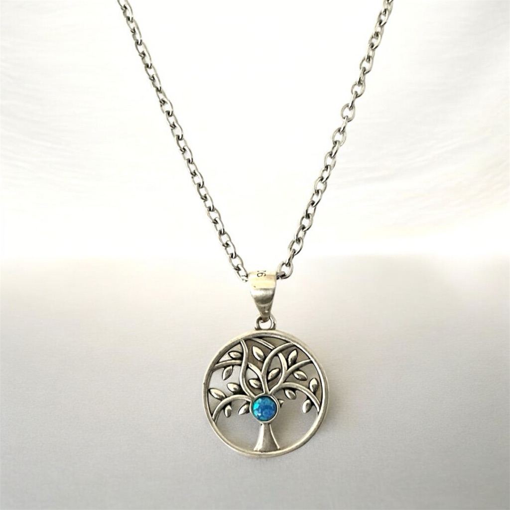 925 Sterling Silver Tree Of Life Opal Pendant Free Chain Necklace